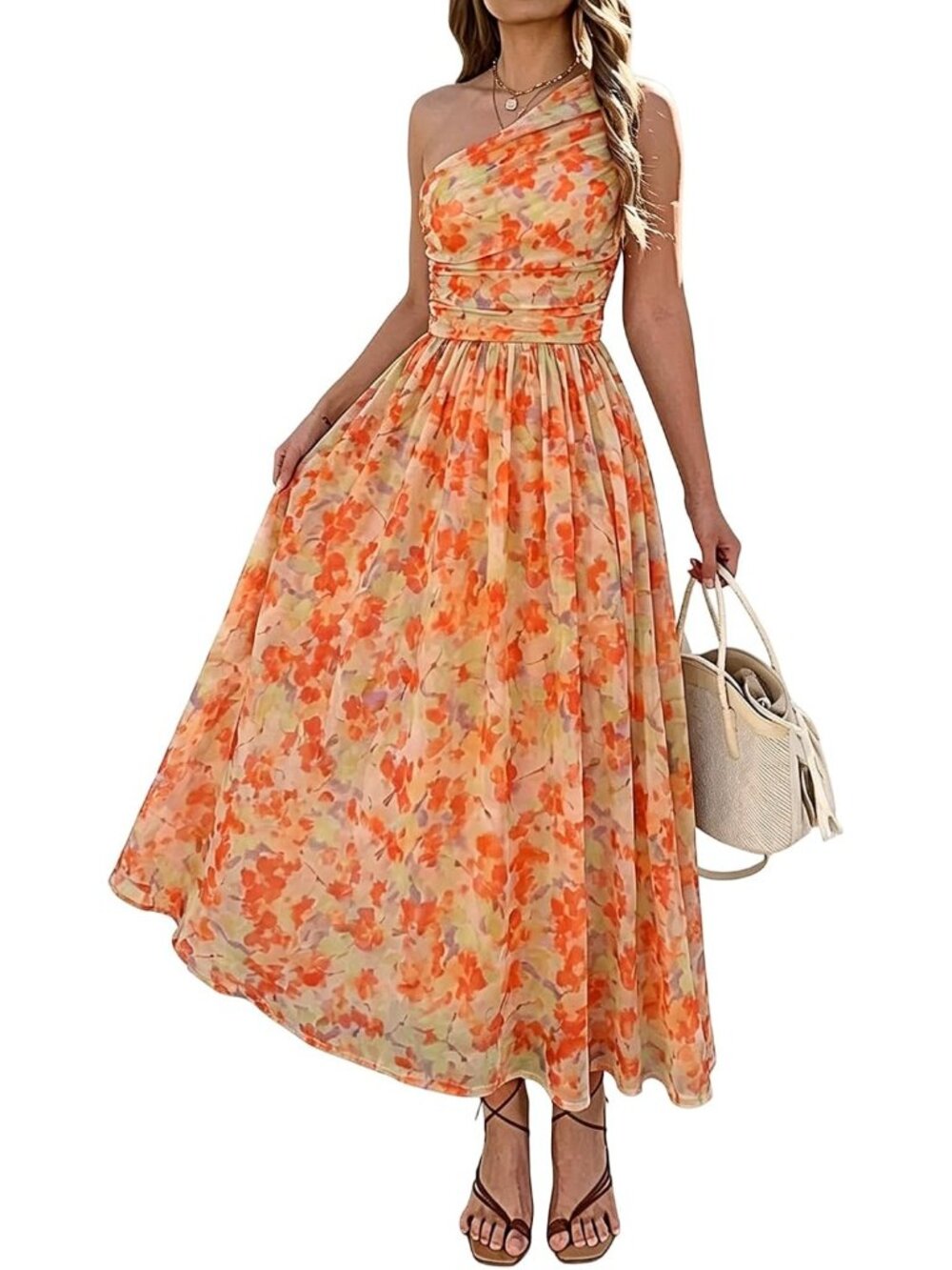 Women's Orange Summer Boho Beach One Shoulder Floral Wedding Guest Maxi Dresses